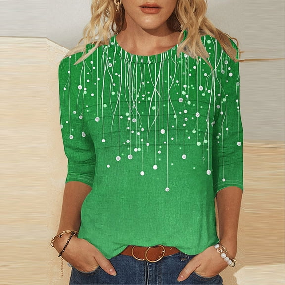 LYEAA Easter Special Edition Women 3/4 Sleeve Printed Tops Floral Round Neck Casual Blouse Spring Garden Party Outfits Green S