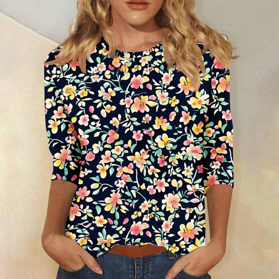 LYEAA Elastic Hem 3/4 Sleeve Tops for Women Printed Round Neck T-Shirt Oversized Fit Summer Clothing for Travel Daily Use Multicolor M