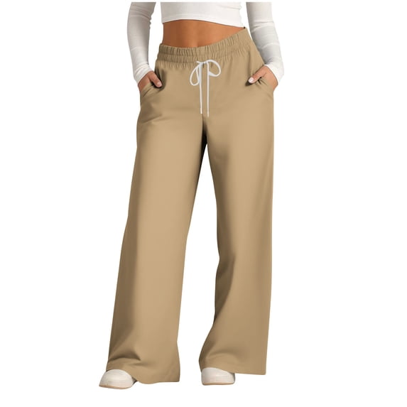 LYEAA Elastic Waist Pants for Women Plus Size Drawstring Wide Leg Long Pants Casual Solid Color Baggy Comfort Pants Soft Loose Pants Brown XL