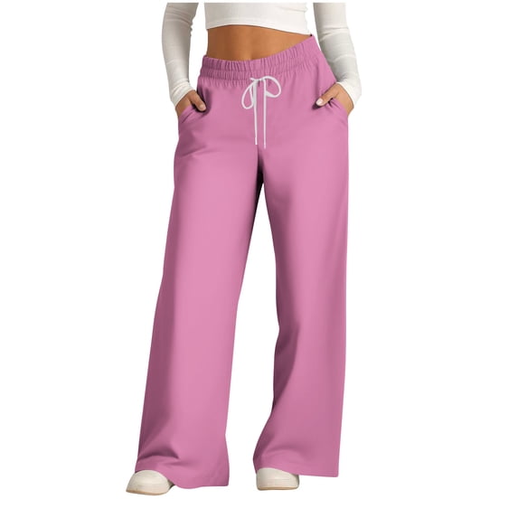 LYEAA Elastic Waist Pants for Women Plus Size Drawstring Wide Leg Long Pants Casual Solid Color Baggy Comfort Pants Soft Loose Pants Pink S
