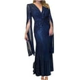 thumbnail image 1 of LYEAA Elegant Dresses for Women Long Sleeve V Neck Glitter Sequin Mesh Long Dress Flowy Dress Solid Color Evening Gown Cocktail Dress Fashion Dress Ruched Dress Blue L, 1 of 5