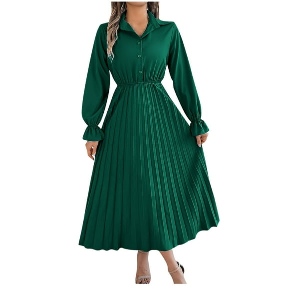 LYEAA Elegant Dresses for Women Wedding Guest Long Sleeve Long Dress Wrap Flowy Homecoming Dress Solid Color Dress Fashion Holiday Party Dress Pleated Ball Gown Green M