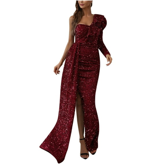 LYEAA Engagement Dresses for Women Long Sleeve Glitter Sequin Long Dress One Shoulder Elegant Dress Slit Solid Color Evening Gown Cocktail Dress Fashion Club Dress Dress Red M