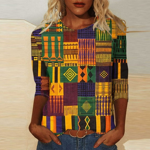 LYEAA Ethnic Heritage Inspired Tops Women 3/4 Sleeve Round Neck Blouse Black History Cotton Apparel Loose Fit Casual Wear Multicolor XXXL