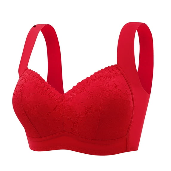 LYEAA Everyday Bras for Women Soft Cup Lace Push up Lightly Lined Wireless Daily Bras Wirefree Wide Strap Lift Bralette No Wire Breathable Comfort Sleeping Bras Red 2XL