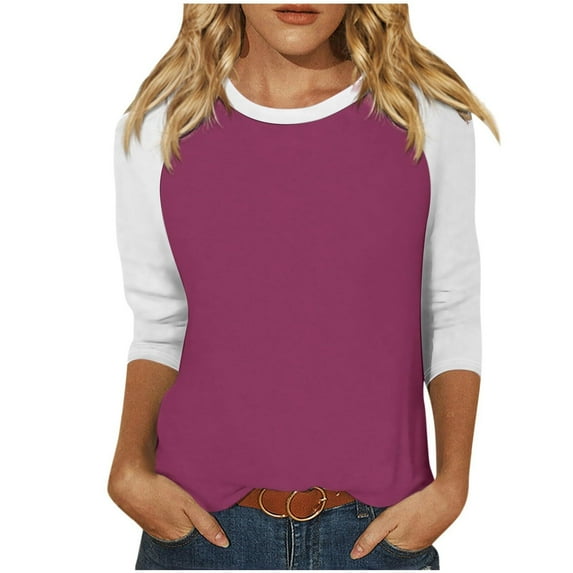 LYEAA Fall Tops for Women 2024 Trendy Plus Size Crew Neck 3/4 Sleeve T-shirt Fashion Color Block Tees Loose Soft Comfortable Blouse Dressy Casual Breathable Clothing Purple XXL
