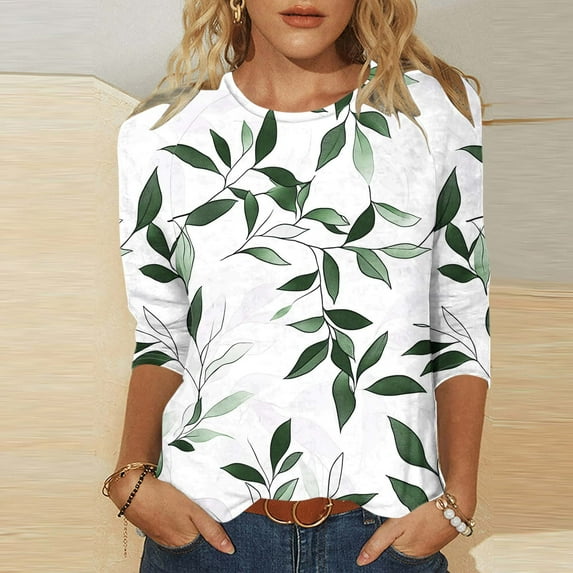 LYEAA Fashion Printed 3/4 Sleeve Tops for Women Round Neck Loose Fit T-Shirt Vintage Inspired Casual Blouse Vacation Spring Outfits Green M