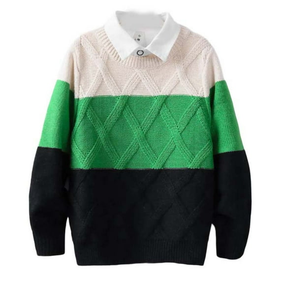 LYEAA Fleece Lined Sweater for Kids Crewneck Long Sleeved Color Block Sweater for Fall and Winter