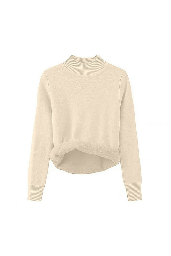 Fleece Lined Sweater for Women Pullove Round Neck Solid Color Long Sleeve Warm Sweater Top