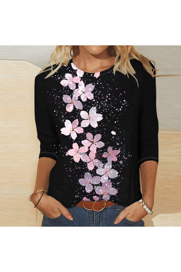 Floral 3/4 Sleeve Tops for Women Soft Jersey Fabric Round Neck Blouses Breathable Daily Wear Summer Shirts with Elastic Cuffs Multicolor XXXXXL