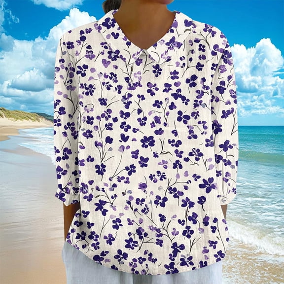 LYEAA Floral Embroidery 3/4 Length Sleeve Tops for Women Notched Collar Design Soft Stretchy Fabric Yoga Casual Spring Daily Wear Blouse Purple XL