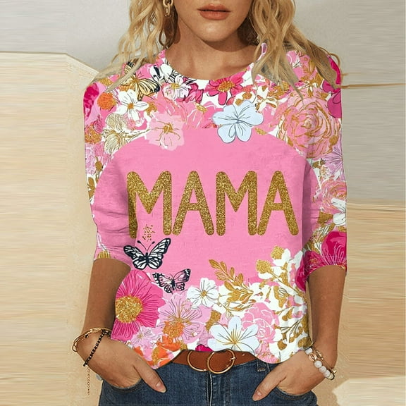 LYEAA Floral Printed Three Quarter Sleeve Tops for Women Mother's Day Special Round Neck Casual Blouse Lightweight Summer T-Shirt Comfortable Fit Pink L