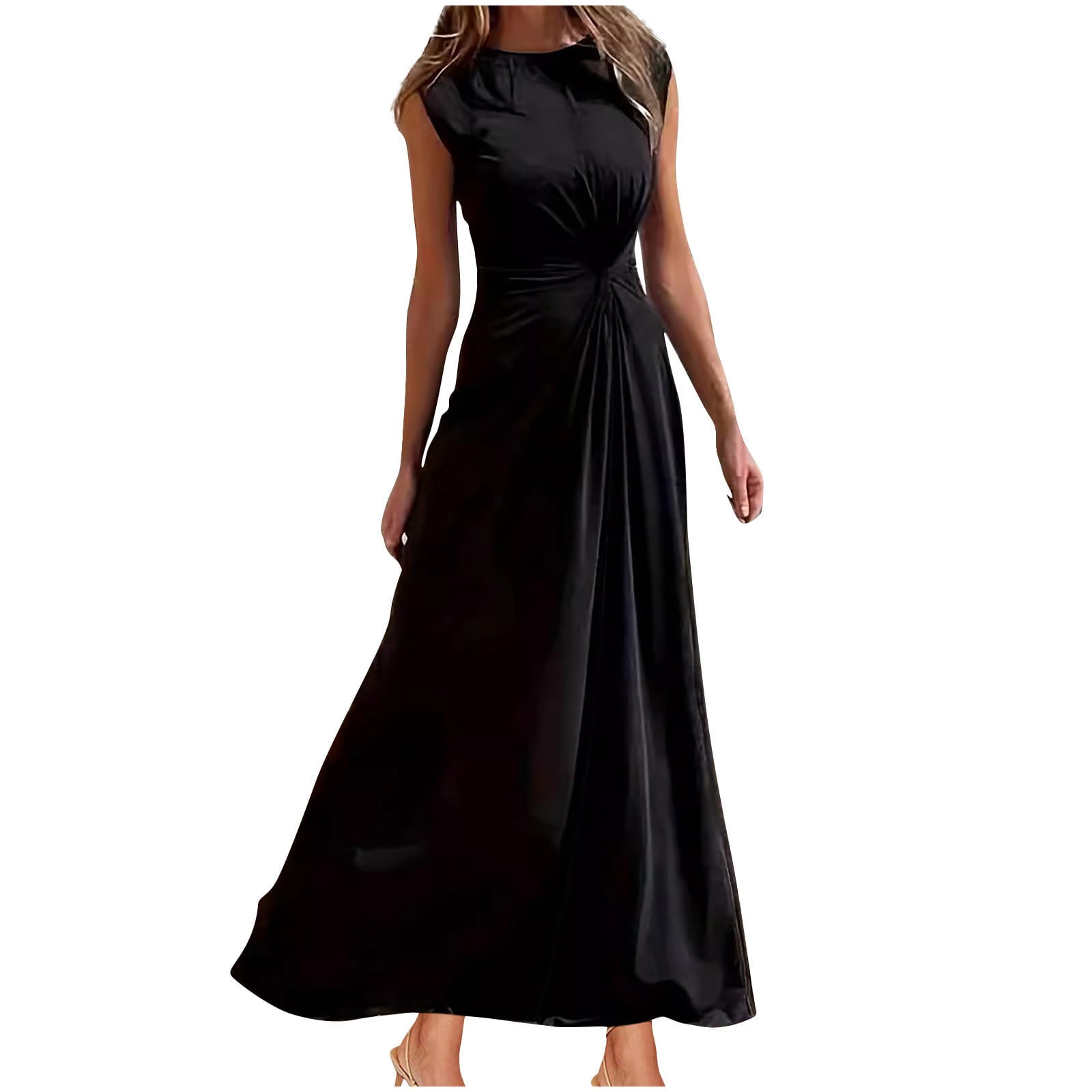 LYEAA Flowy Dresses for Women Elegant Plus Size Crew Neck Sleeveless