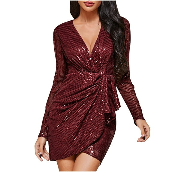LYEAA Formal Dresses for Women Evening Party Long Sleeve V Neck Glitter Sequin Mini Dress Elegant Dress Solid Color Gown Cocktail Dress Fashion Holiday Club Dress Dress Red S
