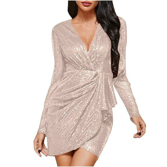 LYEAA Formal Dresses for Women Evening Party Long Sleeve V Neck Glitter Sequin Mini Dress Elegant Dress Solid Color Gown Cocktail Dress Fashion Holiday Club Dress Dress Beige S