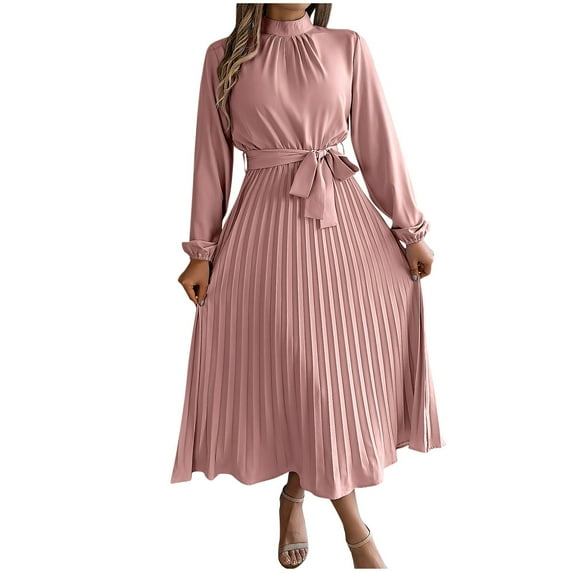 LYEAA Formal Dresses for Women Long Sleeve Flowy Maxi Dress Solid Elastic Waist Wedding Guest A Line Ball Dress