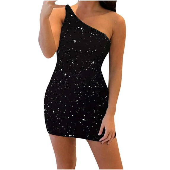 LYEAA Formal Holiday Party Dresses Sleeveless Glitter Sequin Mini Dress One Shoulder Sheath Elegant Dress Bodycon Solid Color Evening Gown Cocktail Dress Fashion Club Dress Stretchy Dress Black S