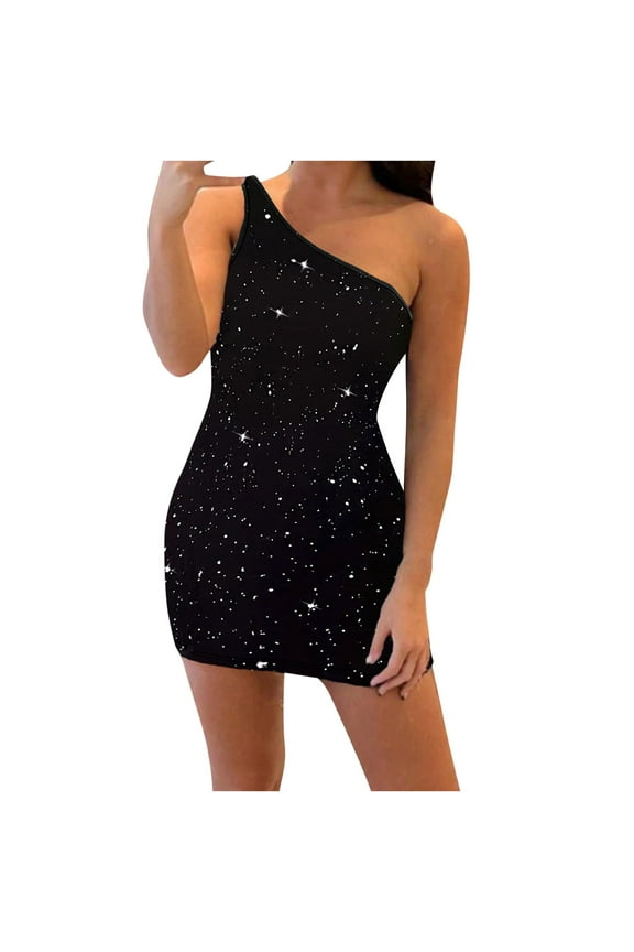 Formal Holiday Party Dresses Sleeveless Glitter Sequin Mini Dress One Shoulder Sheath Elegant Dress Bodycon Solid Color Evening Gown Cocktail Dress Fashion Club Dress Stretchy Dress Black S