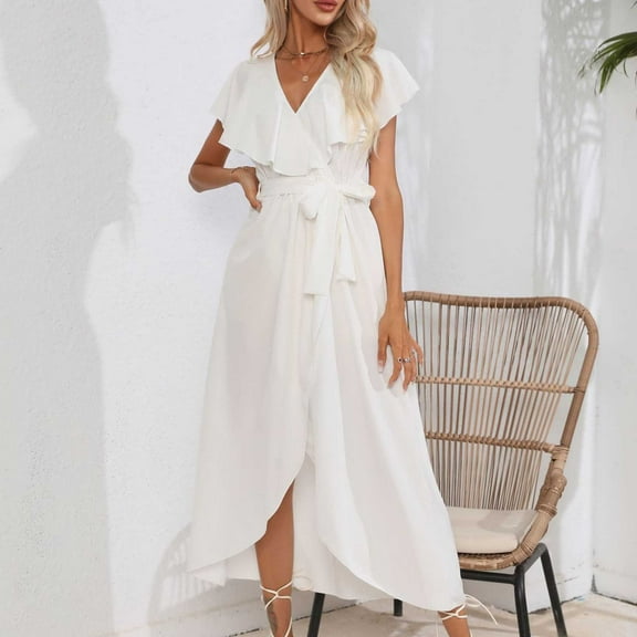 LYEAA Formal Wedding Guest Dresses for Women Sleeveless Elegant Loose Long Dresses V Neck Solid Ruffle Fashion Prom Birthday Flowy Party Dresses with Slit White S