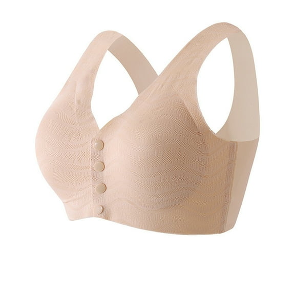 LYEAA Front Open Bras for Elderly Plus Size Wireless Push Up Bras Wide Strap Bras Stretch No Wire Seamless Lift Shape Bralette Soild Lace Breathable Soft Bras Everyday Bras T-Shirt Bras Beige