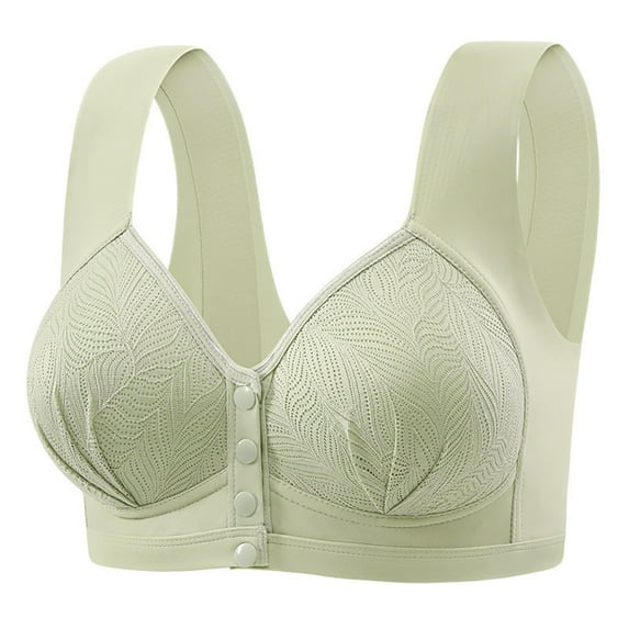 LYEAA Front Open Bras for Women Snaps Wireless Push Up Bras Wide Strap Bras No Wire Lift Shape Bralette Soild Large Bust Breathable Soft Bras Comfortable Everyday Bras T-Shirt Bras Green