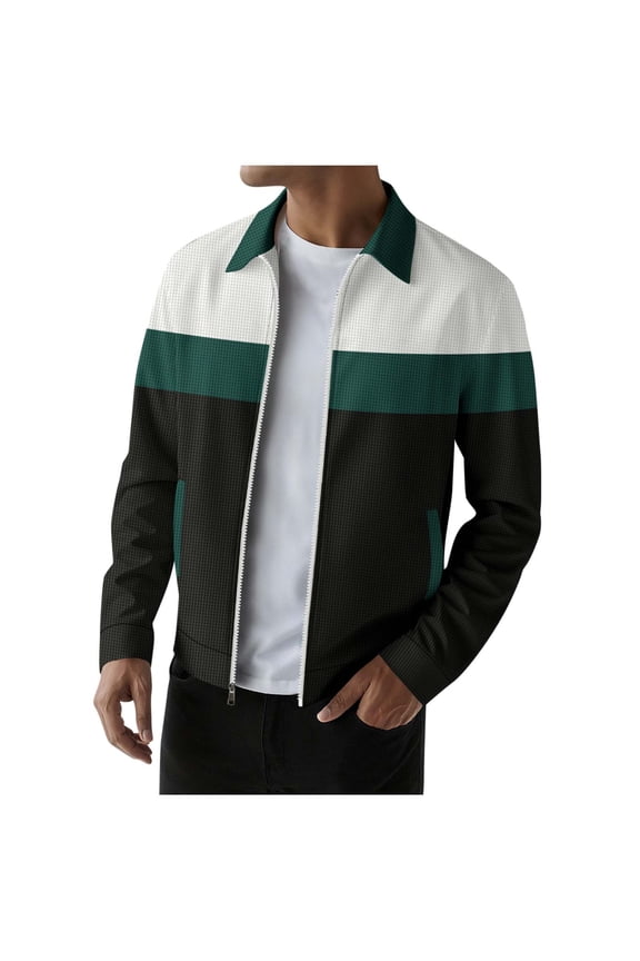 Full Zip Jacket Men Hoodless Color Blocked Lapel with Side Pockets Long Sleeved Casual Coat