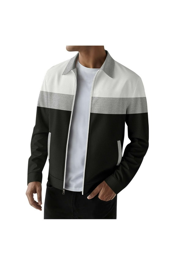 Full Zip Jacket Men Hoodless Color Blocked Lapel with Side Pockets Long Sleeved Casual Coat