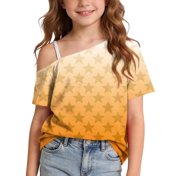 LYEAA Girls Off the Shoulder Top Short Sleeve T Shirts Star Print Crewneck Tees Casual Summer Tunic Blouse Orange 9 Years