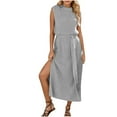 thumbnail image 1 of LYEAA Going out Dresses for Women Crew Neck Sleeveless Knit Slit Elegant Long Dresses Solid Casual Dressy Tie Waist Pullover Dresses Modest Holiday Dresses Gray L, 1 of 5
