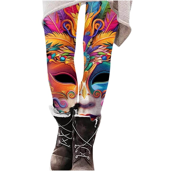LYEAA Graphic Leggings for Women Mardi Gras Elastic Waist Tights Stretchy Ankle Length Mask Print Yoga Pants