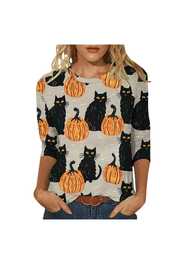 Halloween 3/4 Sleeve T Shirts for Women Crew Neck Regular Straight Cuff Casual Wear Cat Holiday Clothes Orange S