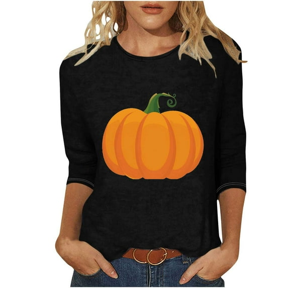 LYEAA Halloween 3/4 Sleeve T Shirts for Women Plus Size Crew Neck Regular Straight Cuff Casual Wear Ghost Holiday Clothes Black M