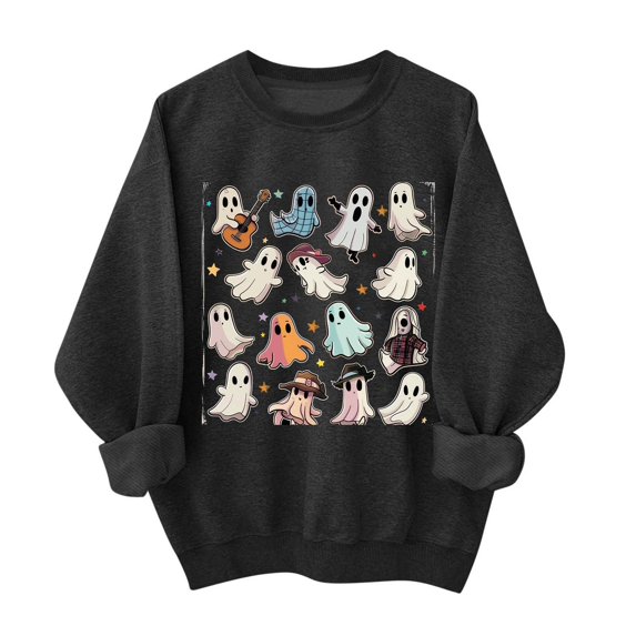 LYEAA Halloween Crew Neck Sweatshirts Women Long Sleeve Regular Ribbed Cuff Casual Wear Ghost Holiday Clothes Black XS