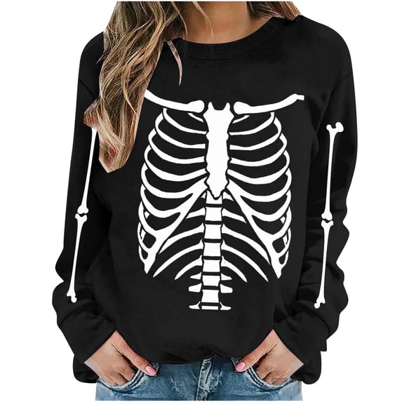 LYEAA Halloween Crewneck Sweatshirt Long Sleeve Regular Ribbed Cuff Casual Wear Skull Holiday Clothes Black M
