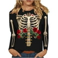 thumbnail image 1 of LYEAA Halloween Funny Graphic Tees Long Sleeve Plus Size Crew Neck Regular Straight Cuff Casual Wear Skull Holiday Clothes Black L, 1 of 1