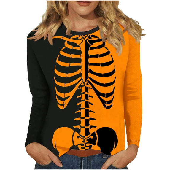 LYEAA Halloween Funny Graphic Tees for Women Long Sleeve Plus Size Crew Neck Regular Straight Cuff Casual Wear Skull Holiday Clothes Orange XL