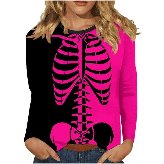 LYEAA Halloween Funny Graphic Tees for Women Long Sleeve Plus Size Crew Neck Regular Straight Cuff Casual Wear Skull Holiday Clothes Pink 3XL