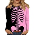 thumbnail image 1 of LYEAA Halloween Funny Graphic Tees for Women Long Sleeve Plus Size Crew Neck Regular Straight Cuff Casual Wear Skull Holiday Clothes Pink S, 1 of 1