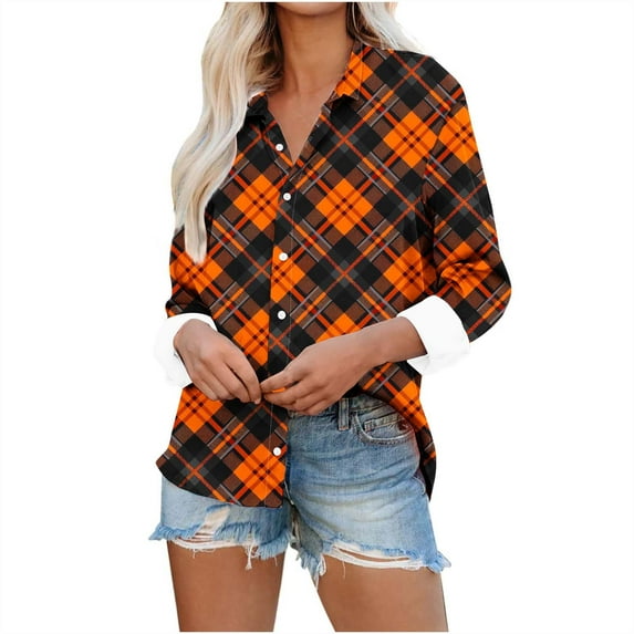 LYEAA Halloween Oversized Button down Shirts for Women Long Sleeve Plus Size Collared Neck Regular Straight Cuff Casual Wear Printed Holiday Clothes Orange XL