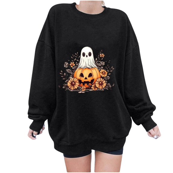 LYEAA Halloween Oversized Sweatshirt Long Sleeve Crew Neck Regular Ribbed Cuff Tunic Casual Wear Ghost Holiday Clothes Black XL