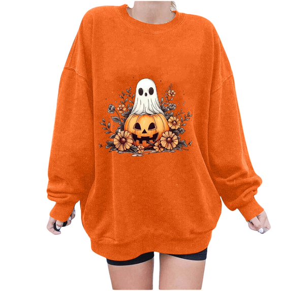 LYEAA Halloween Oversized Sweatshirt Long Sleeve Crew Neck Regular Ribbed Cuff Tunic Casual Wear Ghost Holiday Clothes Orange XS