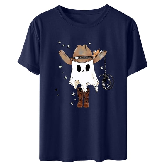 LYEAA Halloween Plus Size T Shirts Short Sleeve Crew Neck Regular Straight Cuff Casual Wear Ghost Holiday Clothes Navy XL