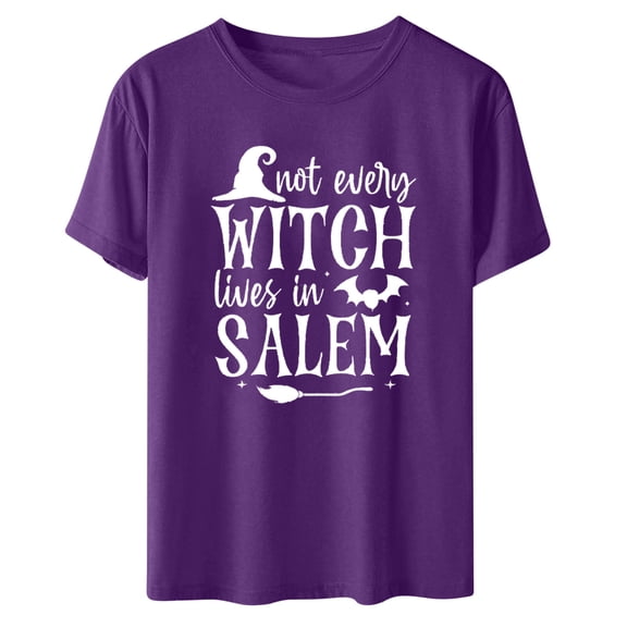 LYEAA Halloween Plus Size T Shirts Short Sleeve Crew Neck Regular Straight Cuff Casual Wear Witch Holiday Clothes Purple 2XL