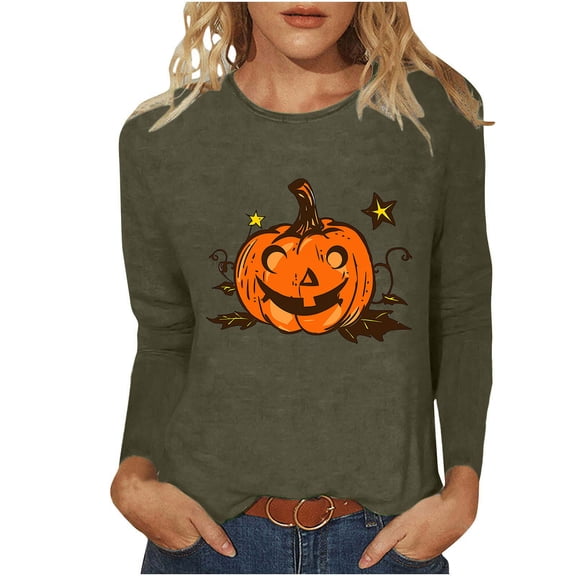 LYEAA Halloween Plus Size Womens Shirts Long Sleeve Crew Neck Regular Straight Cuff Casual Wear Printed Holiday Clothes Green S