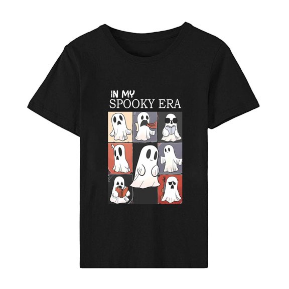 LYEAA Halloween Short Sleeve Tops for Women Crew Neck Regular Straight Cuff Casual Wear Ghost Holiday Clothes Black L