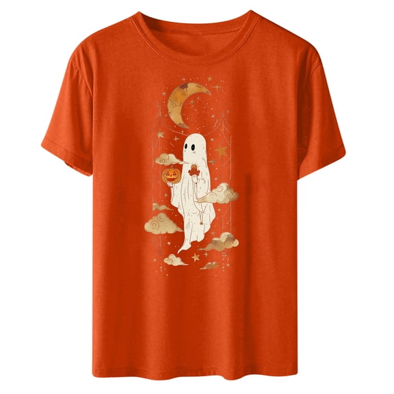 LYEAA Halloween Short Sleeve Tops for Women Plus Size Crew Neck Regular Straight Cuff Casual Wear Ghost Holiday Clothes Orange S