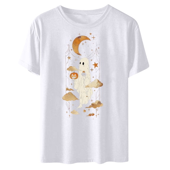 LYEAA Halloween Short Sleeve Tops for Women Plus Size Crew Neck Regular Straight Cuff Casual Wear Ghost Holiday Clothes White XL