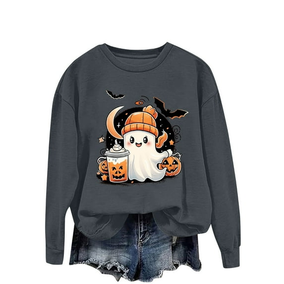LYEAA Halloween Sweatshirt for Women Long Sleeve Crew Neck Regular Ribbed Cuff Casual Wear Ghost Holiday Clothes Gray XL
