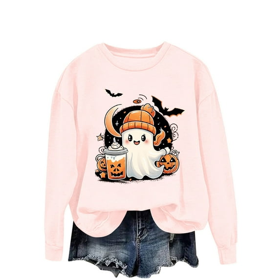 LYEAA Halloween Sweatshirt for Women Long Sleeve Crew Neck Regular Ribbed Cuff Casual Wear Ghost Holiday Clothes Pink L