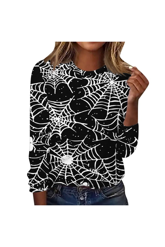 Halloween Tops for Women Long Sleeve Crew Neck Regular Straight Cuff Casual Wear Spider Web Holiday Clothes Black 2XL